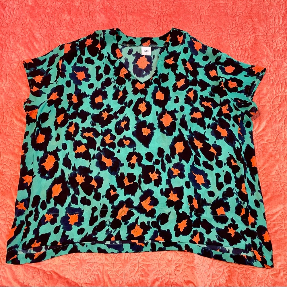 Cabi Teal & Orange Leopard Print Top XL